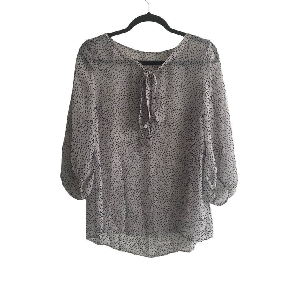 Silk Popover Printed Semi-Sheer Blouse Tie Neck Navy Blue M